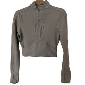 90 Degree By Reflex Cropped 1/4 Zip Ribbed Athletic Top Taupe Small